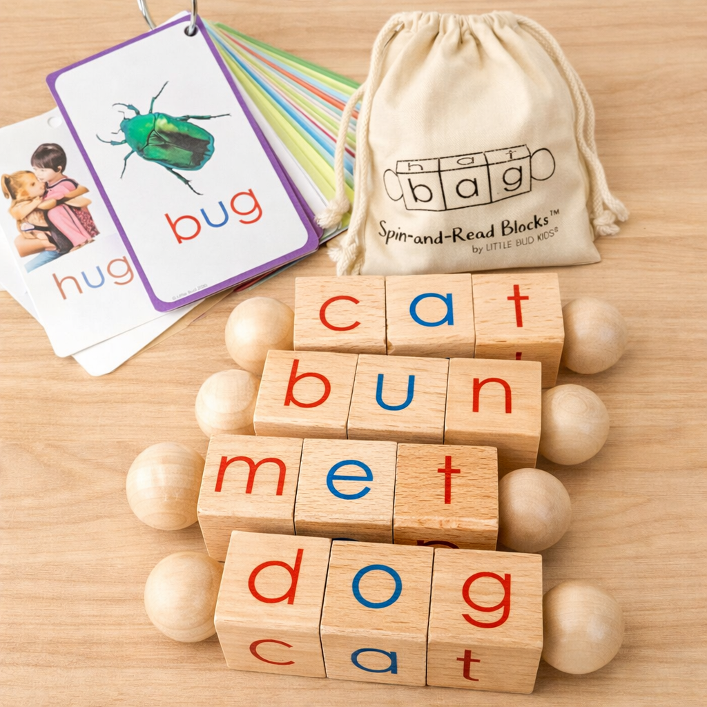 Wooden letter blocks for building simple words with phonics cards