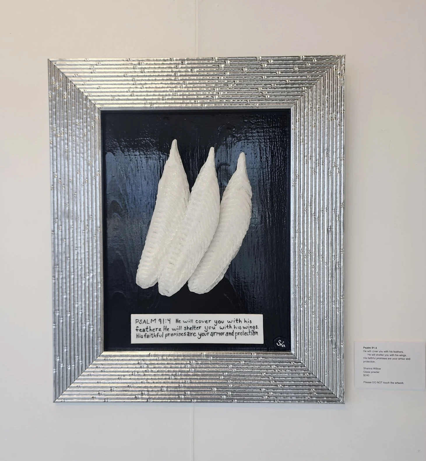 Artwork featuring three white feathers mounted on a black background within a silver textured frame. A handwritten note beneath the feathers references Psalm 91:4.