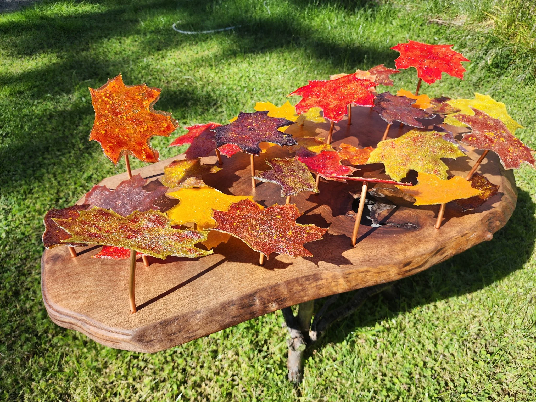 Colorful autumn leaves mounted on thin sticks displayed on a wooden table outdoors.