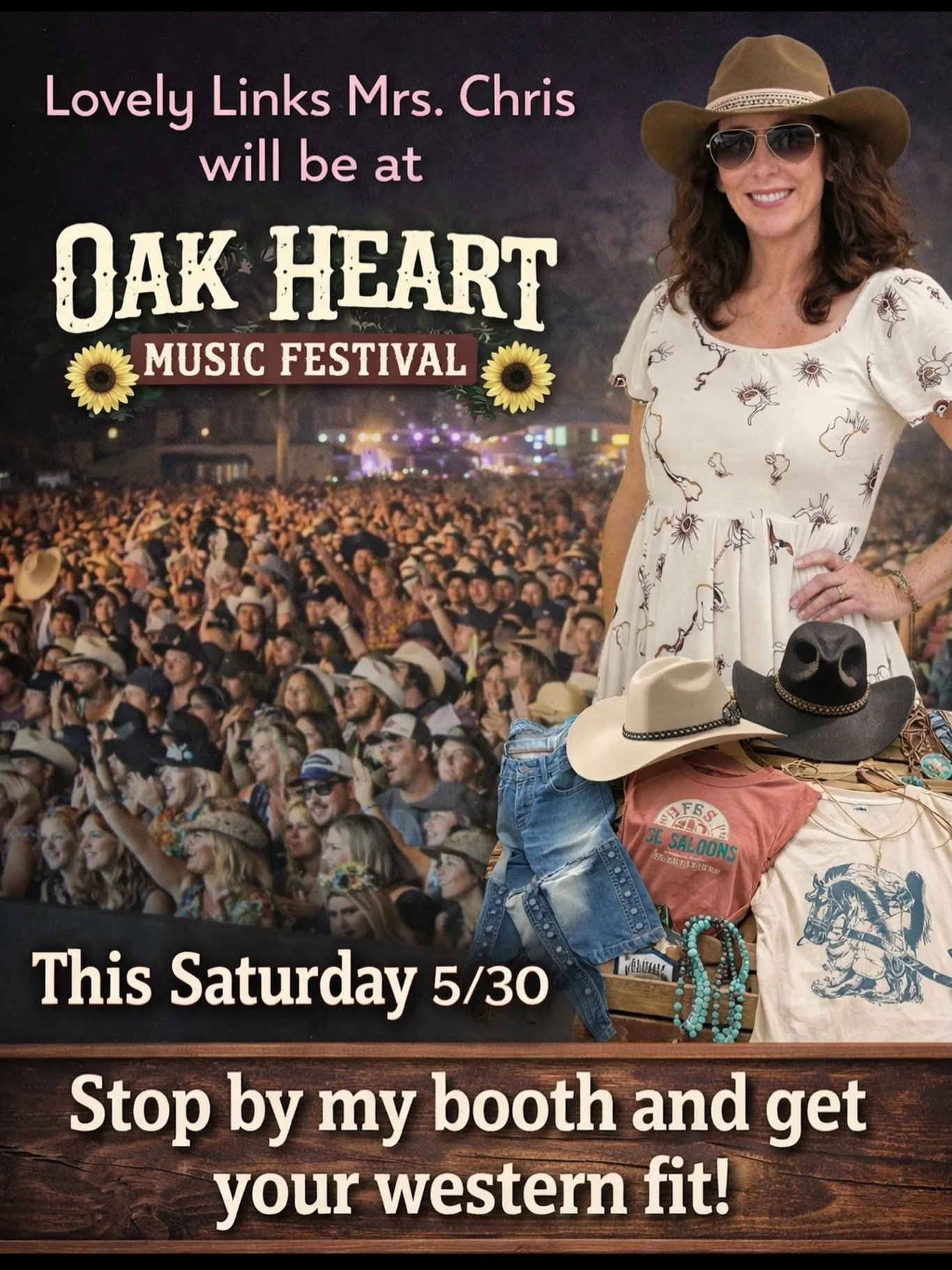 🤠✨ Headed to Oak Heart Music Festival this Saturday 5/30? Stop by the Lovely Links by Mrs. Chris booth and shop all your favorite western rimless pieces, permanent jewelry, boot accessories &amp; more! 🌵🩵

Come find your perfect western fit and ad