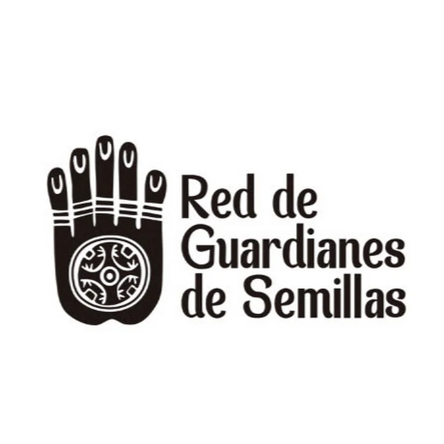 Logotipo en blanco y negro con una mano estilizada y el texto 'Red de Guardianes de Semillas' junto a ella.