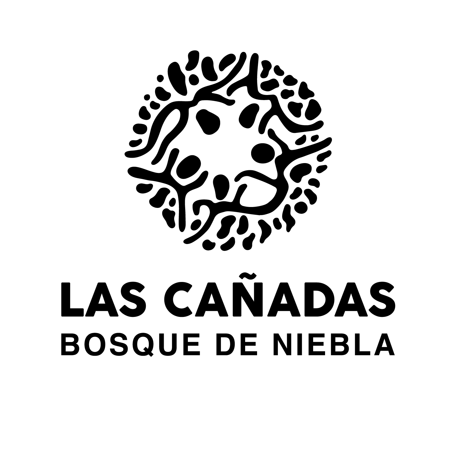 Logotipo en blanco y negro con un símbolo abstracto de un árbol o bosque, texto que dice 'Las Cañadas Bosque de Niebla'.