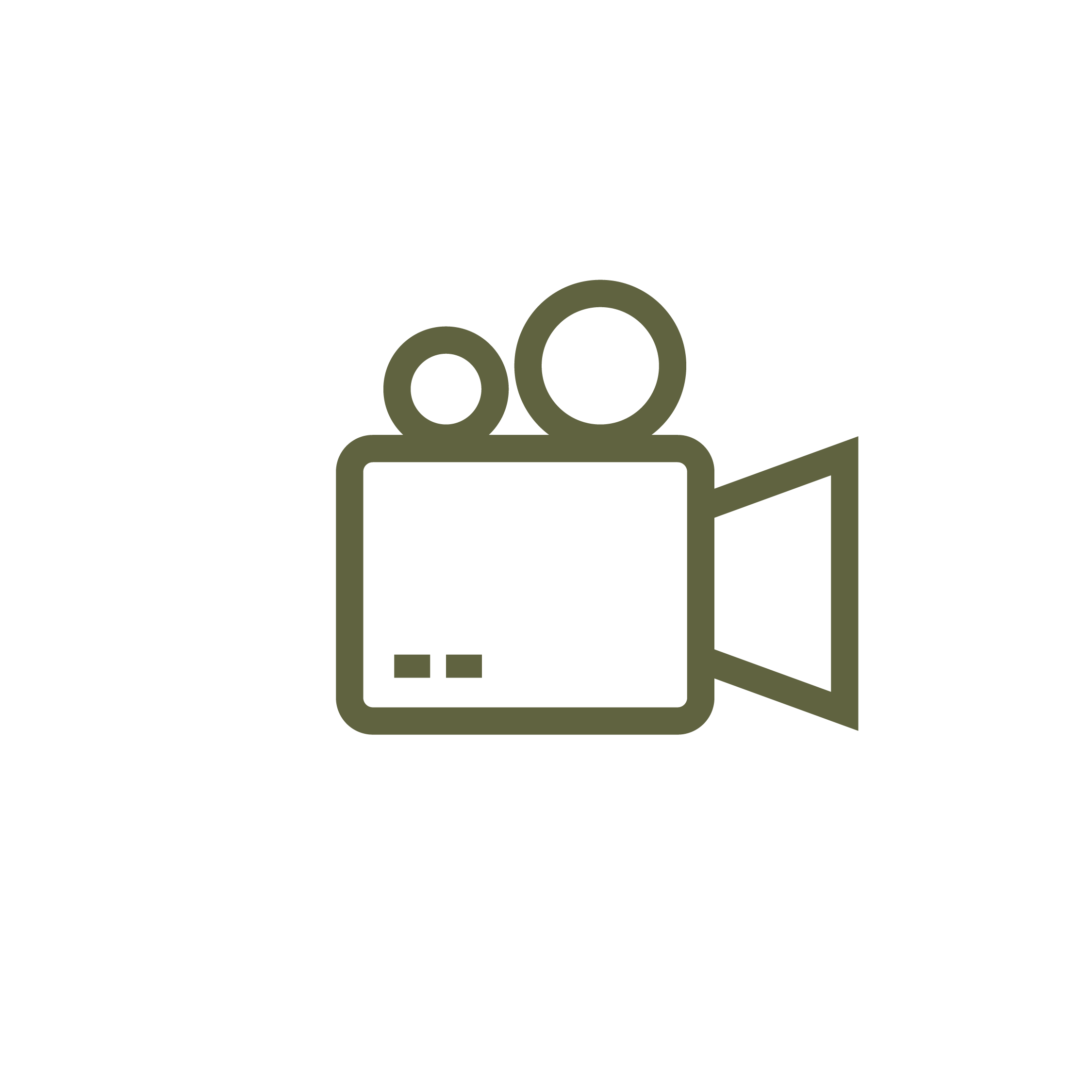 Un icono minimalista de una cámara de video en color verde oliva sobre un fondo negro.