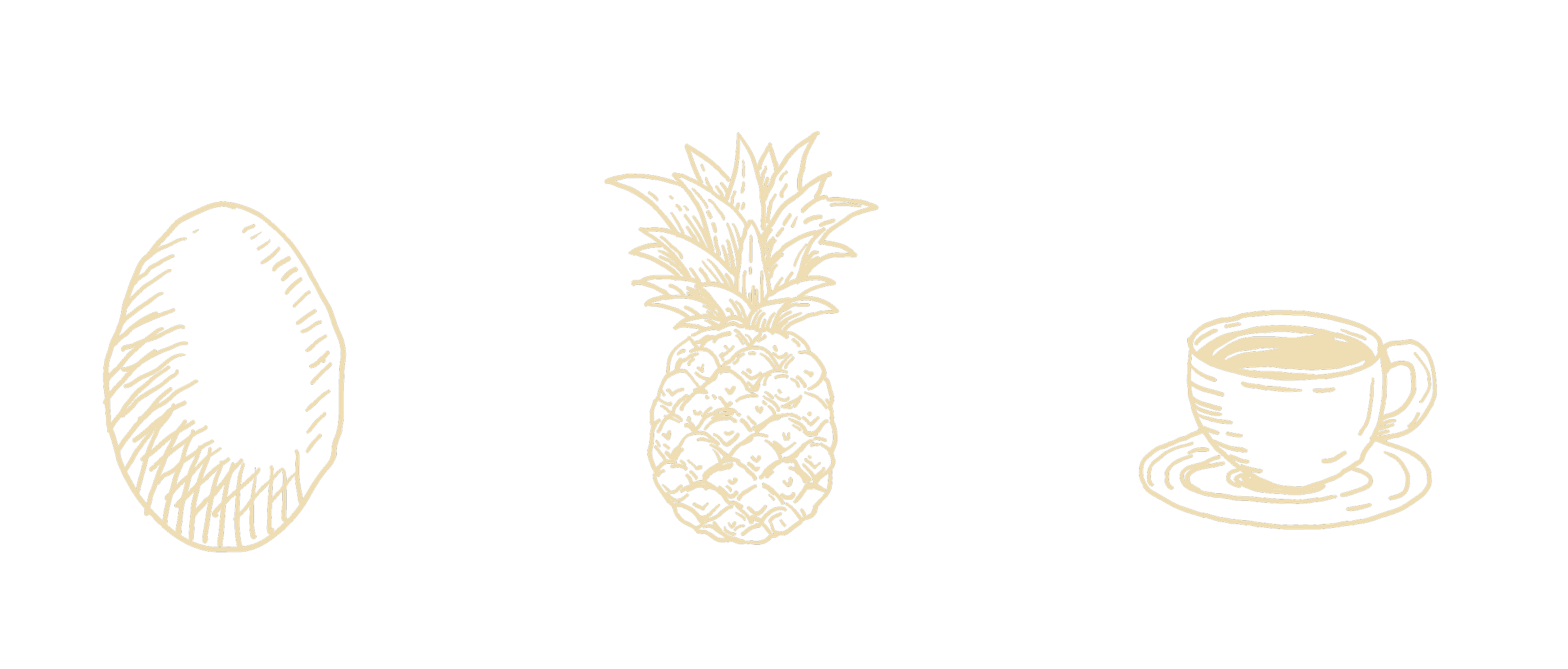 Dibujo en color beige de un aguacate, una piña y una taza de café sobre fondo negro.