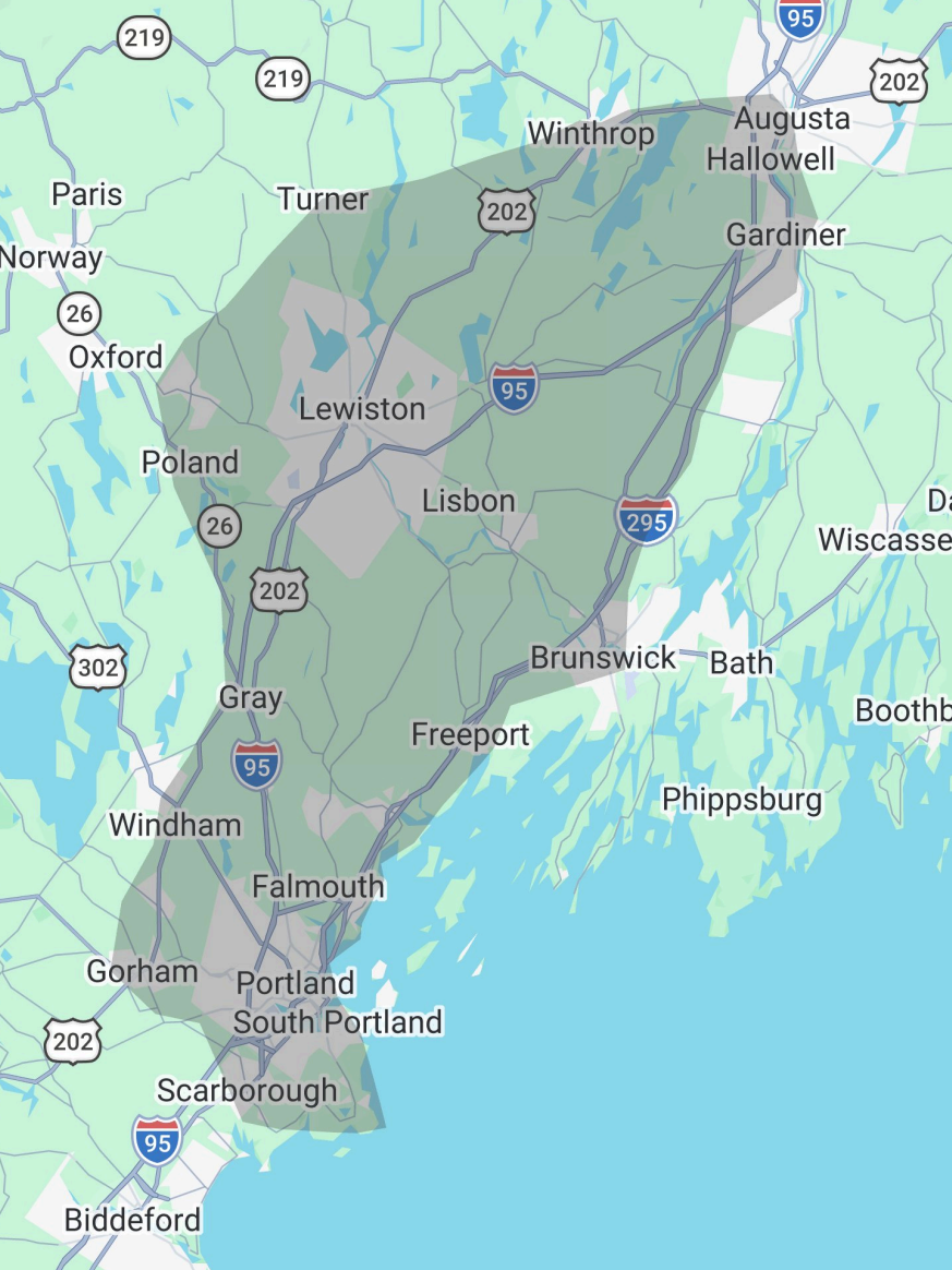 Map of Maine showing cities such as Portland, Lewiston, Bangor, and Augusta, with highways like I-95 and I-295.
