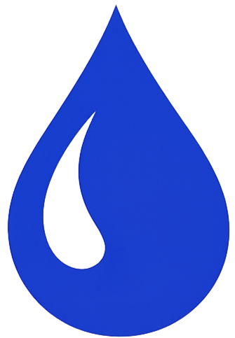 Blue water droplet icon on a black background.