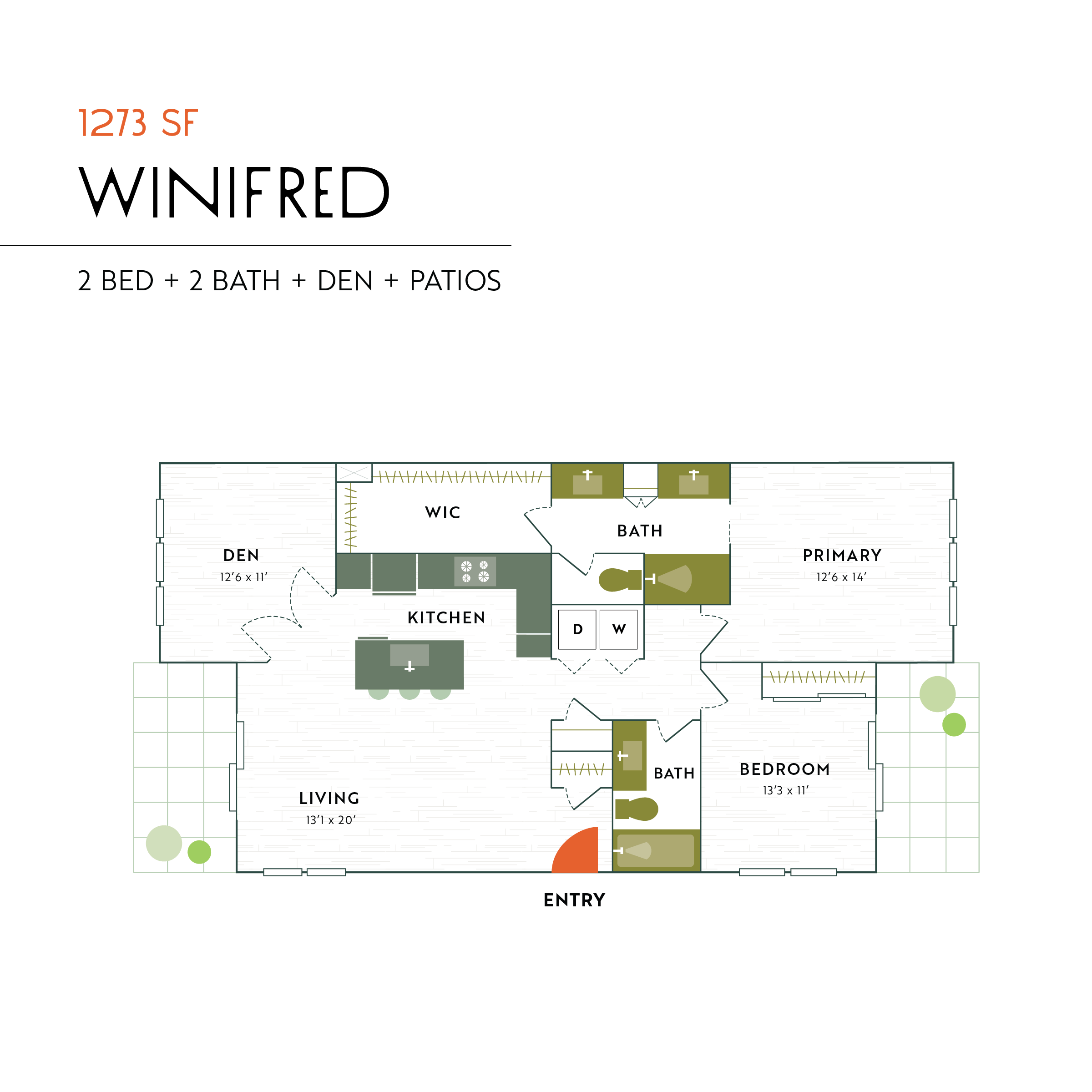 Elowen Oak Floor Plan | Winifred – 2 Bed + 2 Bath + Den + 2 Patios
