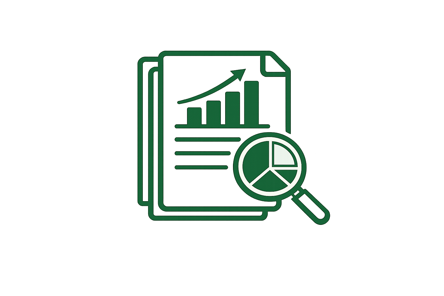 A digital illustration of a report with a rising bar graph and an upward curve. A magnifying glass with a pie chart inside is positioned in front of the report, symbolizing data analysis or research.