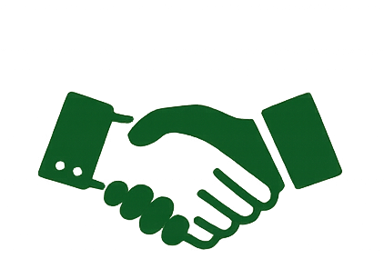 Green silhouette of a handshake with a profile of a person and a machine on either side.