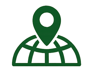 Green location pin icon above a globe, representing global navigation or worldwide location