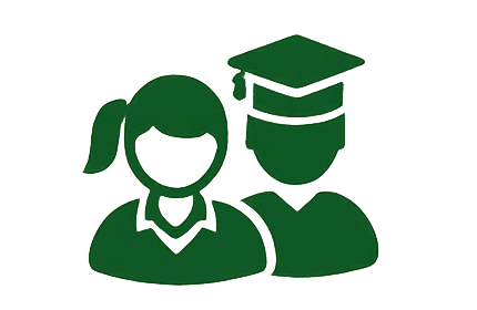Icon of a woman and a man with a graduation cap, representing students or graduates.