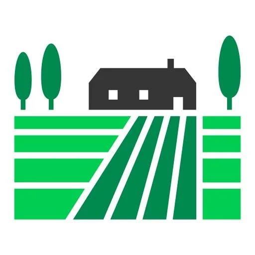 Illustration of a farm landscape with a house, trees, and fields