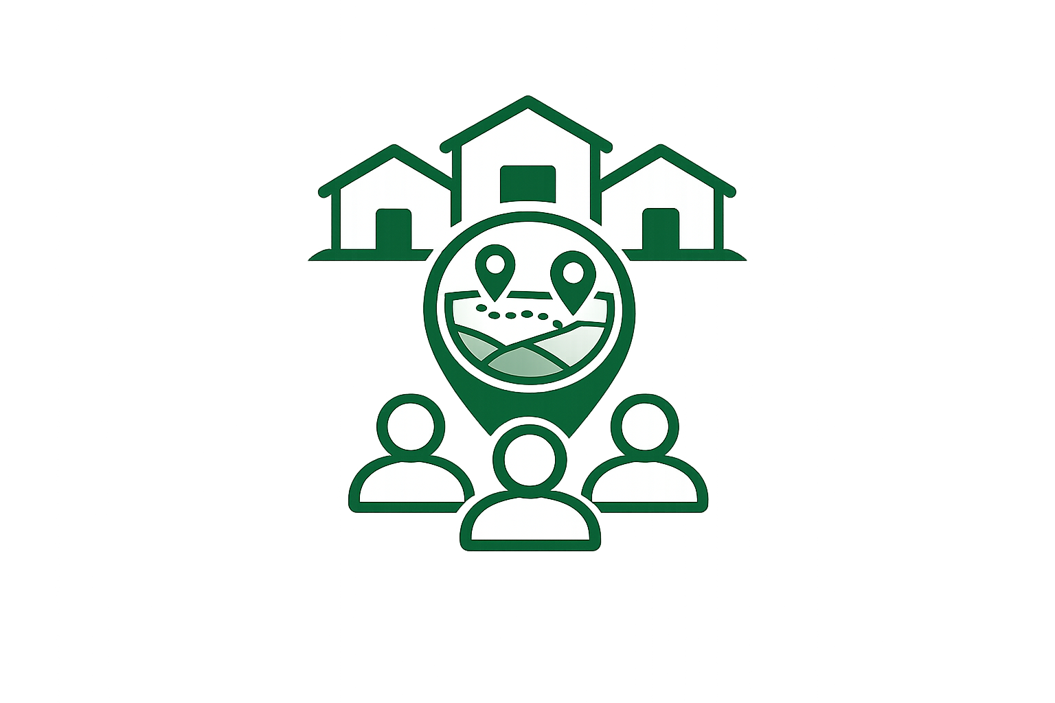 A stylized icon of a house with three peaks at the top, with an overlay of a location map with two pins and a route. Beneath the map, there are three human figures representing a community or group of people.