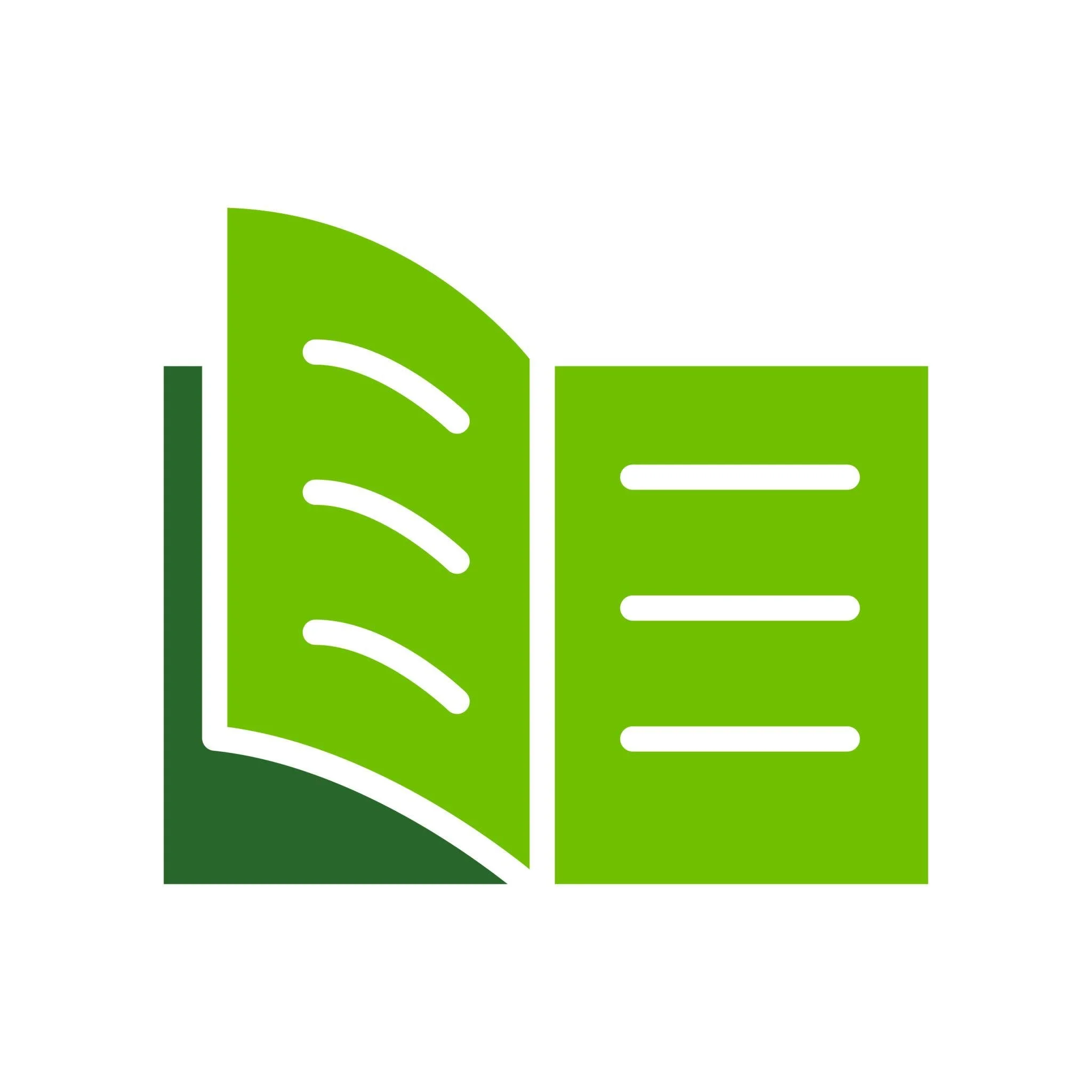 Open green book and a closed green book on a white background.