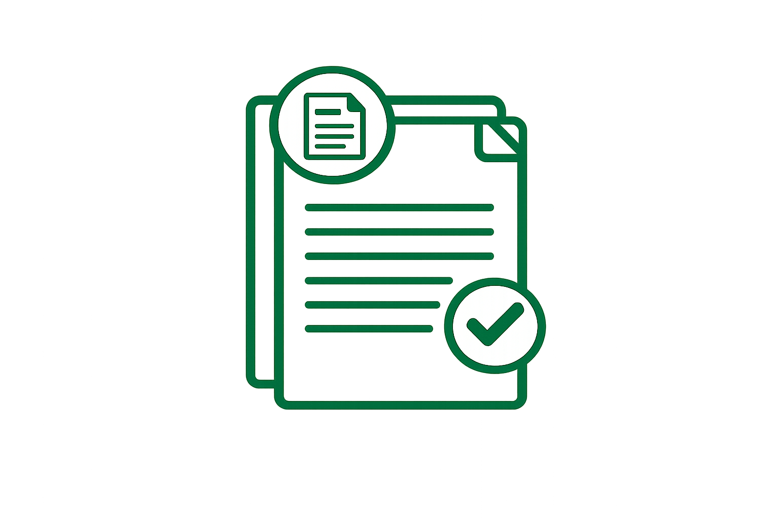 Icon representing document approval, with a document symbol and a green checkmark.