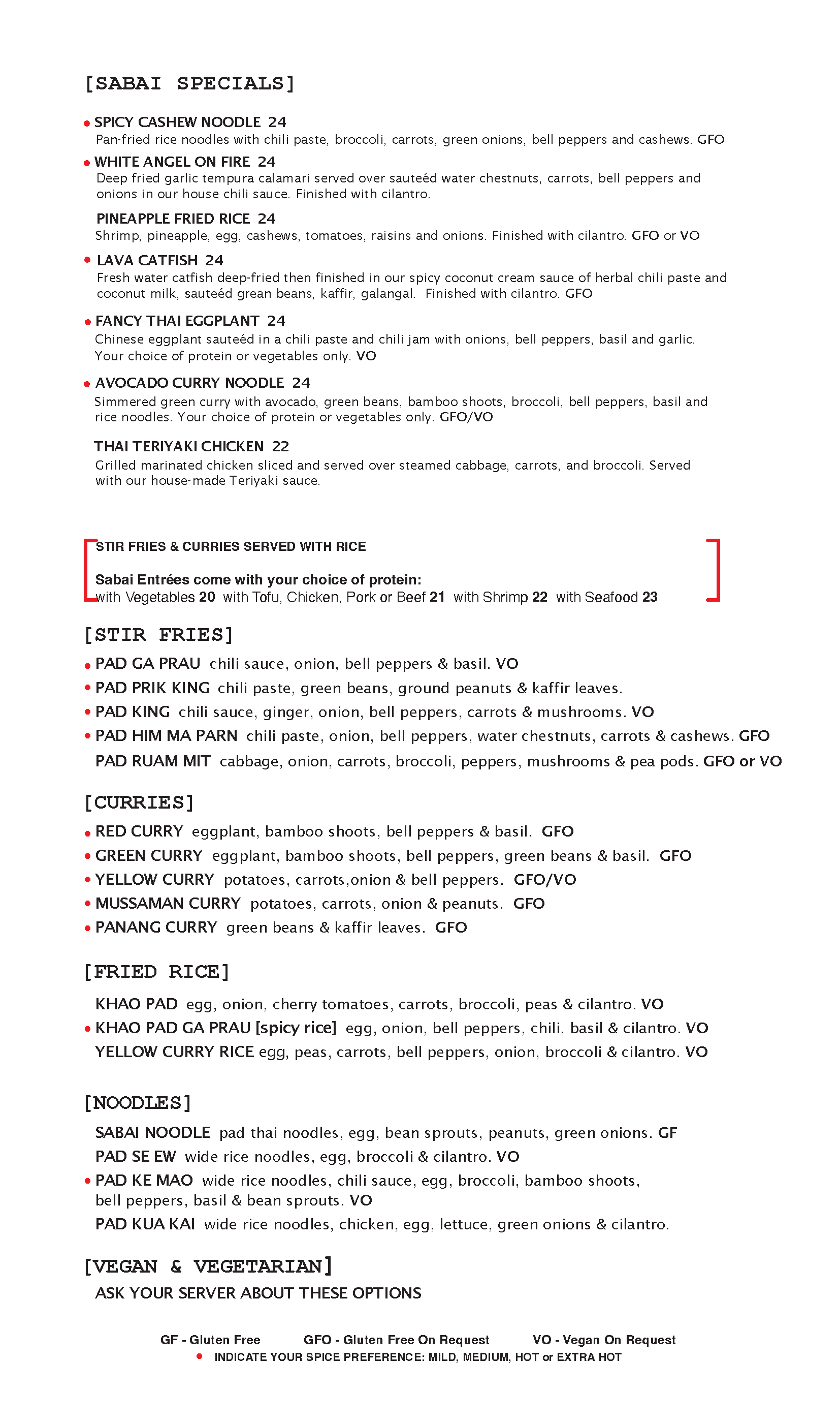 Food menu for Sabai Cafe & Bar in Eugene, Oregon