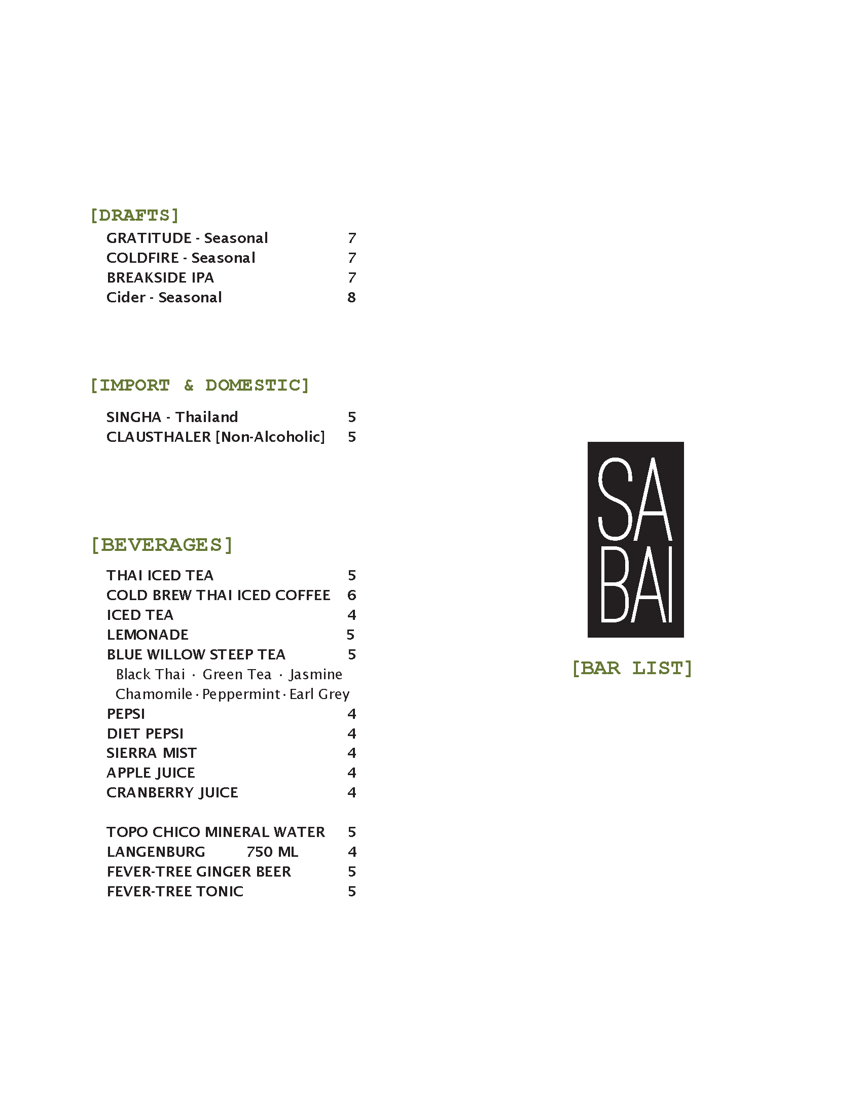 A menu listing various drafts, import and domestic beverages, and bar list items with prices, including teas, coffee, juices, and beers.