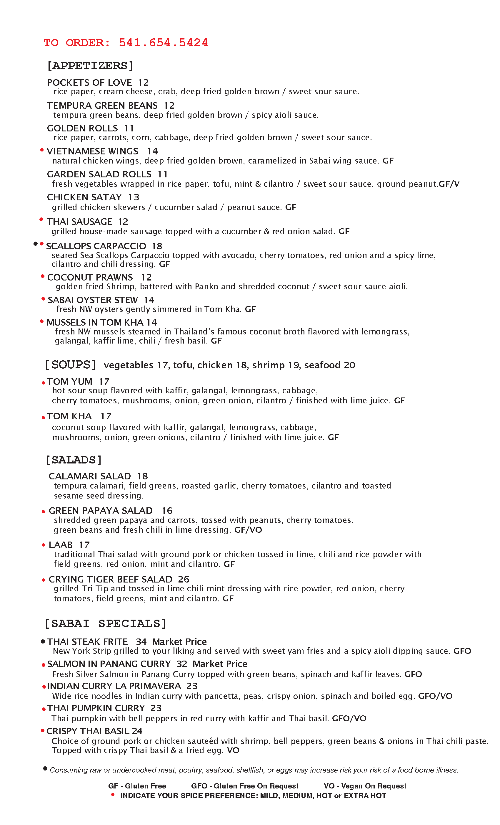 Sabai Cafe & Bar food menu with Thai and Southeast Asian dishes