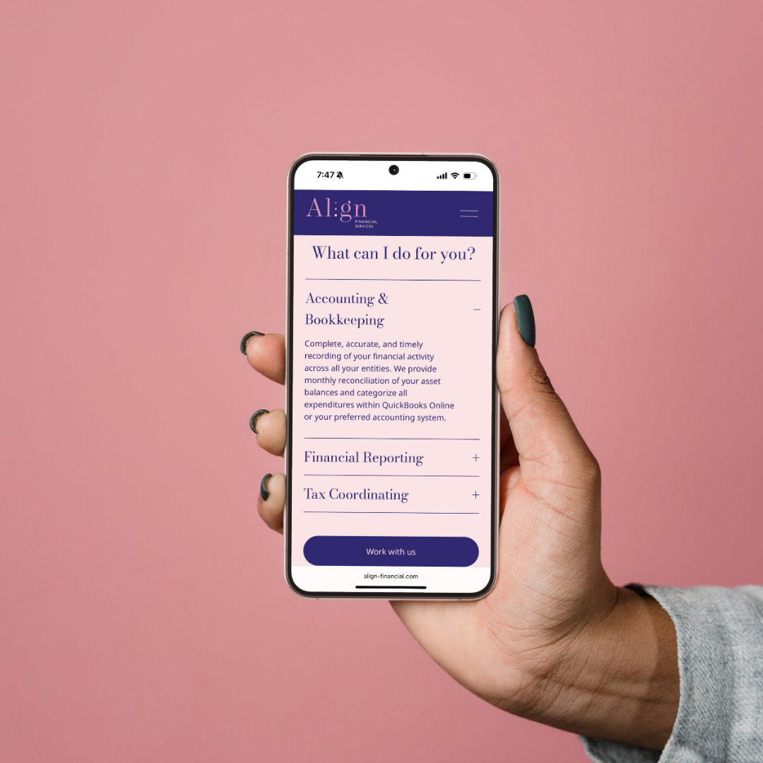 Hand holding a smartphone displaying a financial services website with sections for accounting, bookkeeping, financial reporting, and tax coordinating, against a pink background.