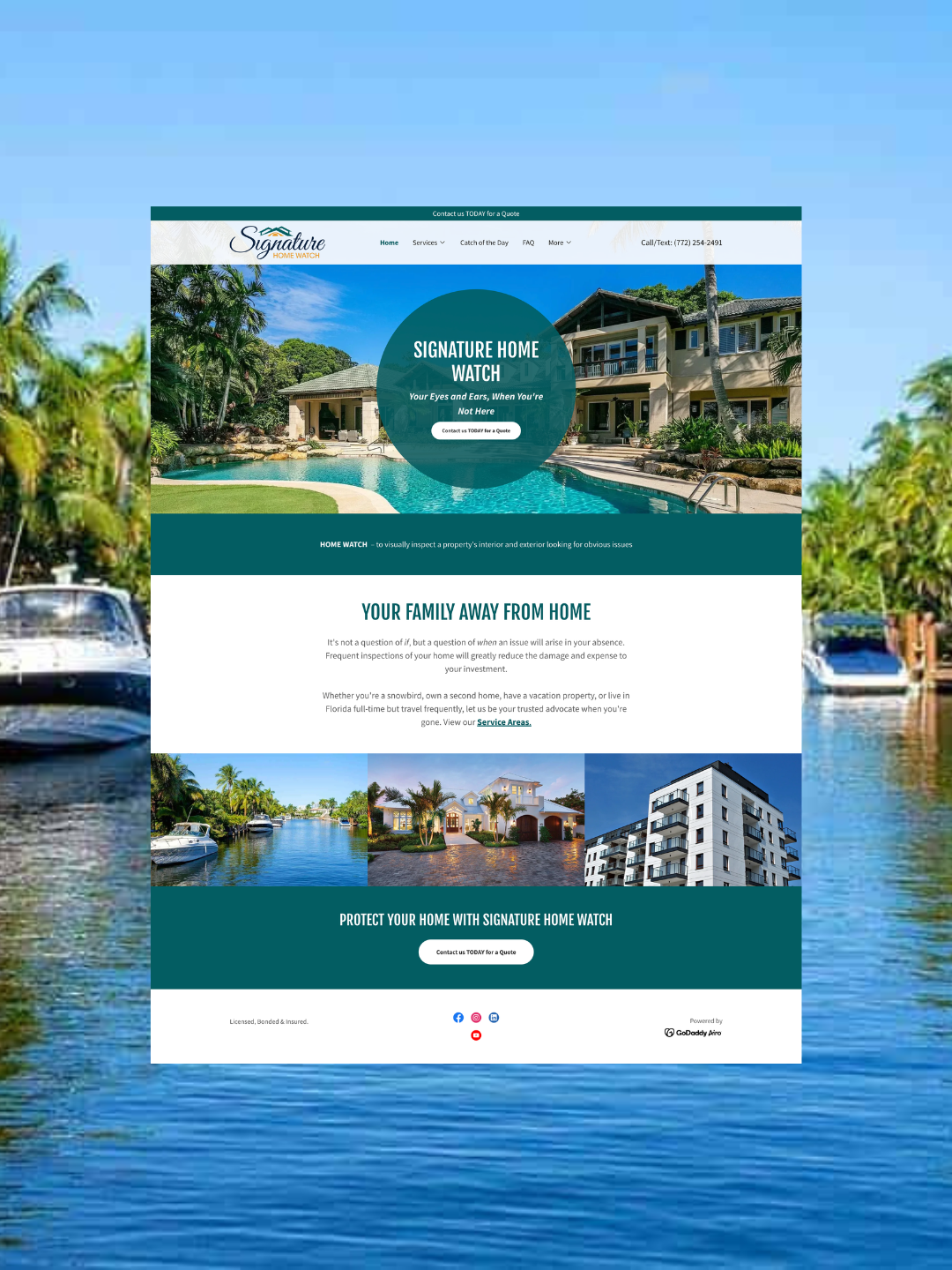 Screenshot of a website for Signature Home Watch, featuring a large house with a swimming pool in a tropical setting, and smaller images of different homes below. The website offers home inspection services for vacation or secondary homes.