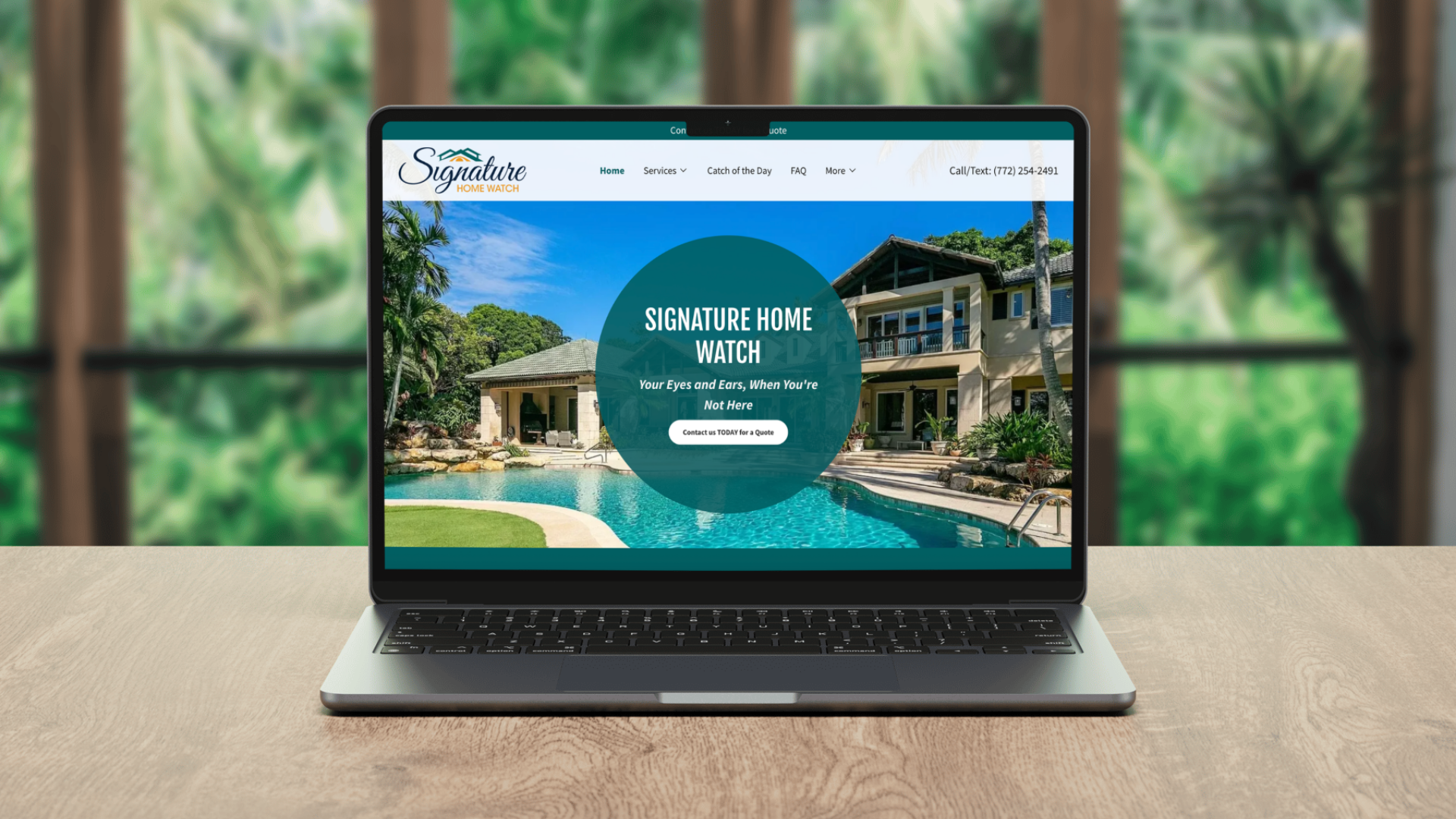 A laptop on a wooden table displaying a website for Signature Home Watch, featuring a house with a pool in a tropical setting in the background.