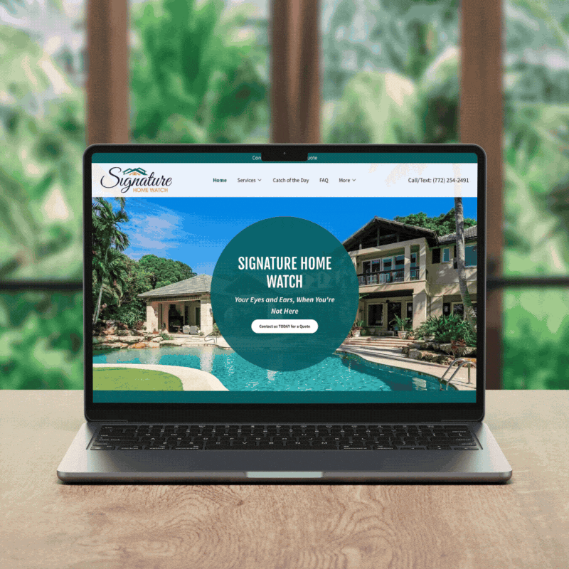 Laptop displaying the homepage of 'Signature Home Watch' website, showing a large house with a pool surrounded by trees.