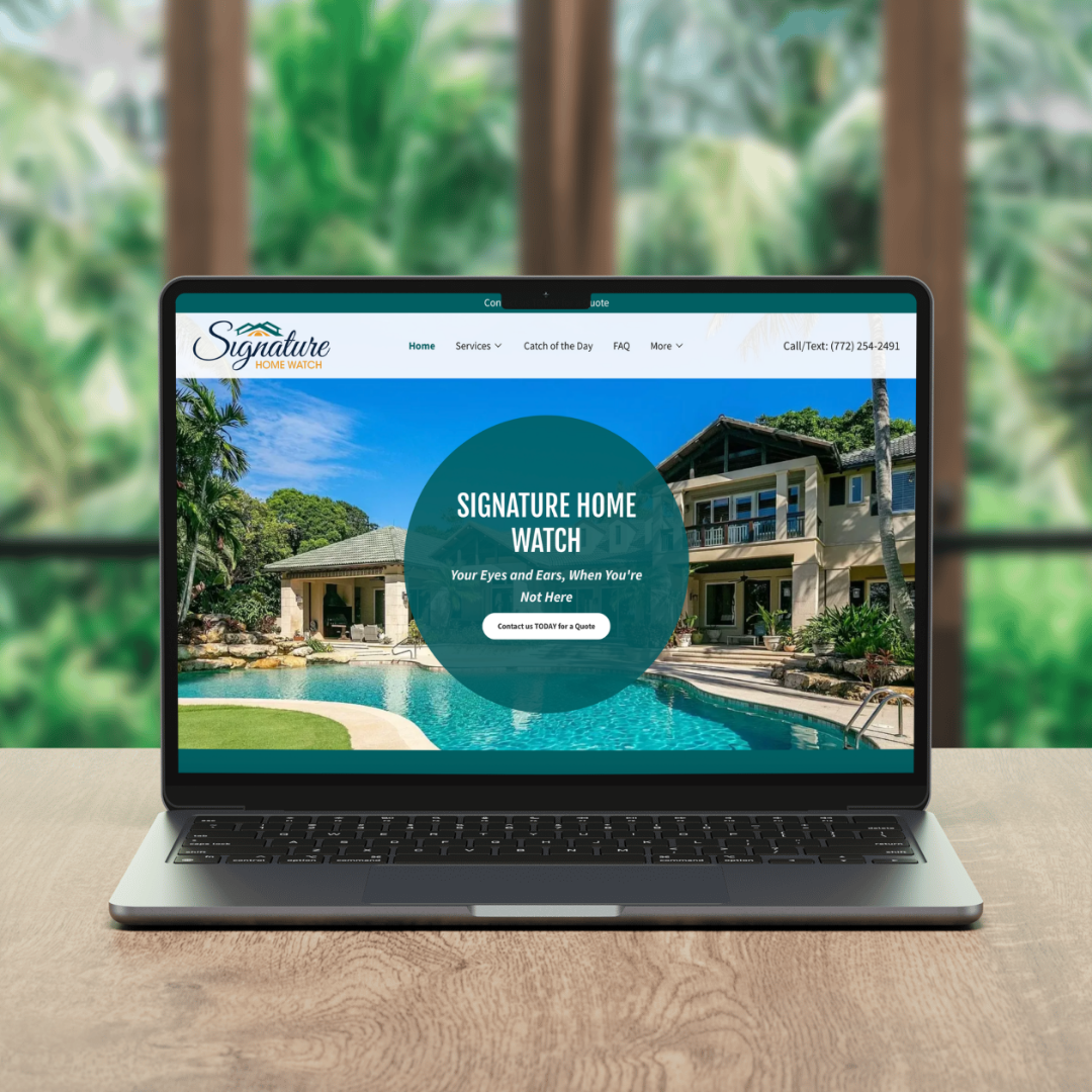 Laptop showing a website for Signature Home Watch with an image of a house and pool in the background.