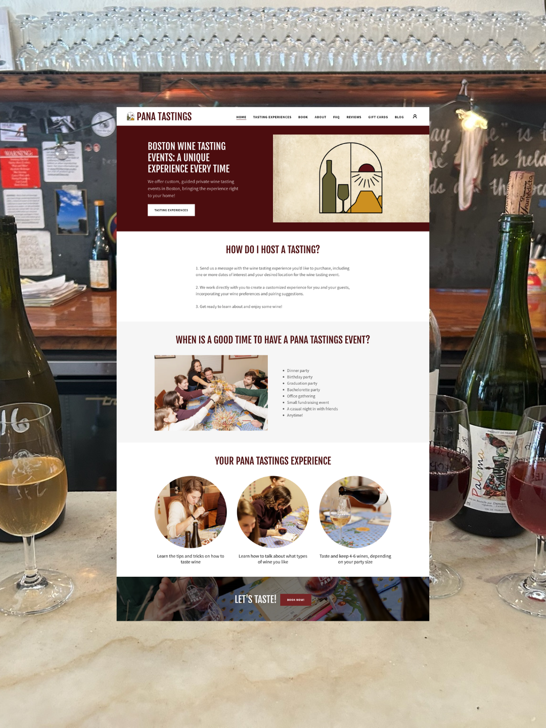 Screenshot of a website for Pana Tastings, featuring sections on how to host a tasting, when to schedule an event, and details about the tasting experience, overlaid on a background of wine bottles, glasses, and a bar setting.