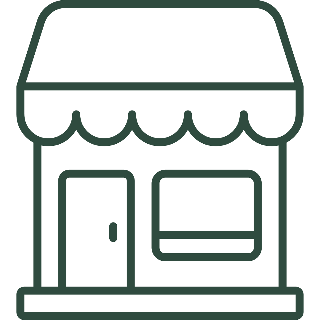 Outline of a storefront with a door, window, and awning.