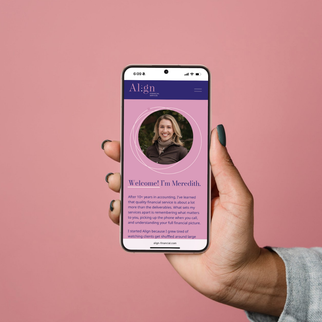 A hand holding a smartphone displaying a personal profile webpage with a photo of a woman, named Meredith, and a welcome message on a purple and pink background.