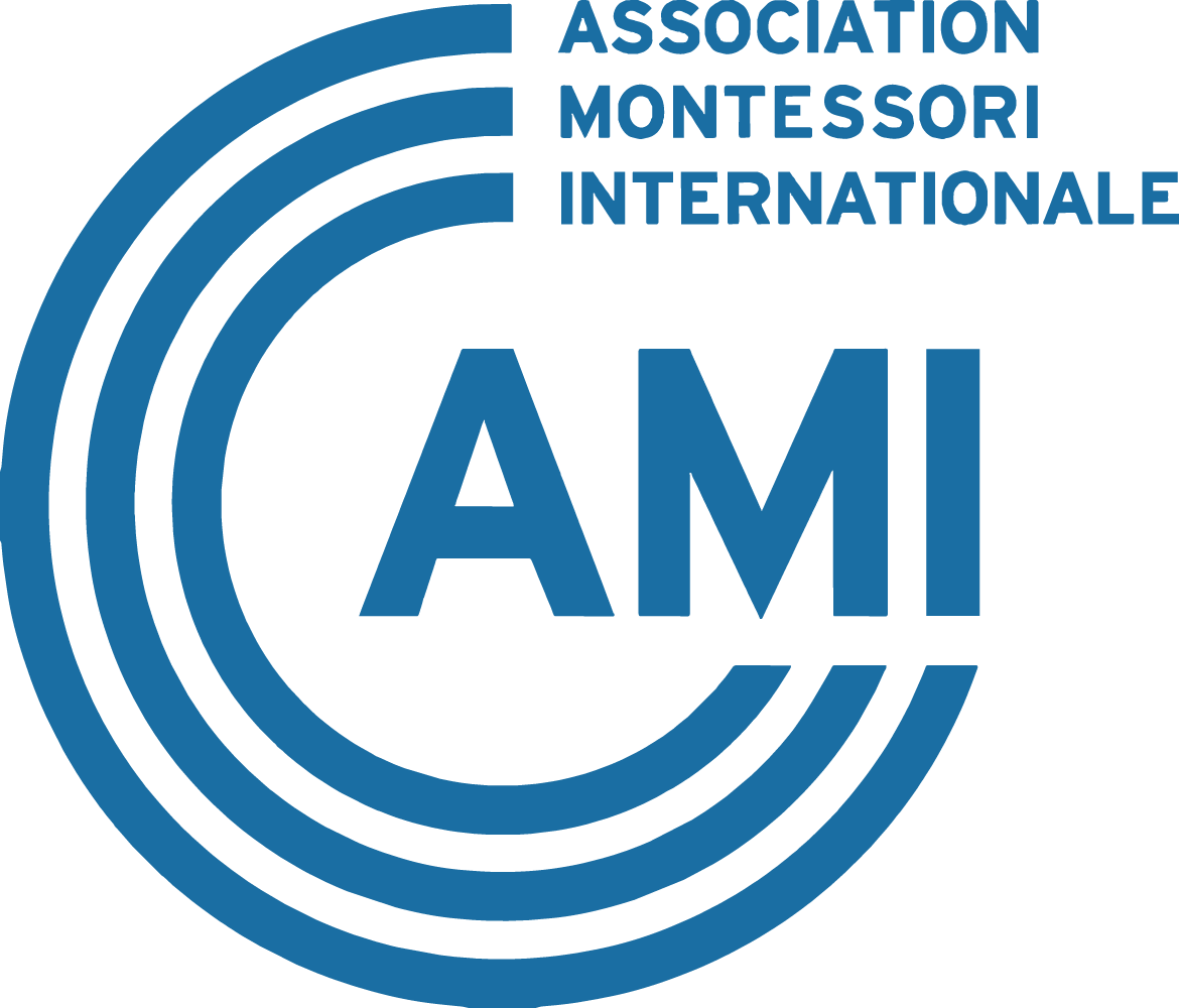 Logo of the Association Montessori Internationale (AMI) featuring a circular design with blue text and concentric arcs.