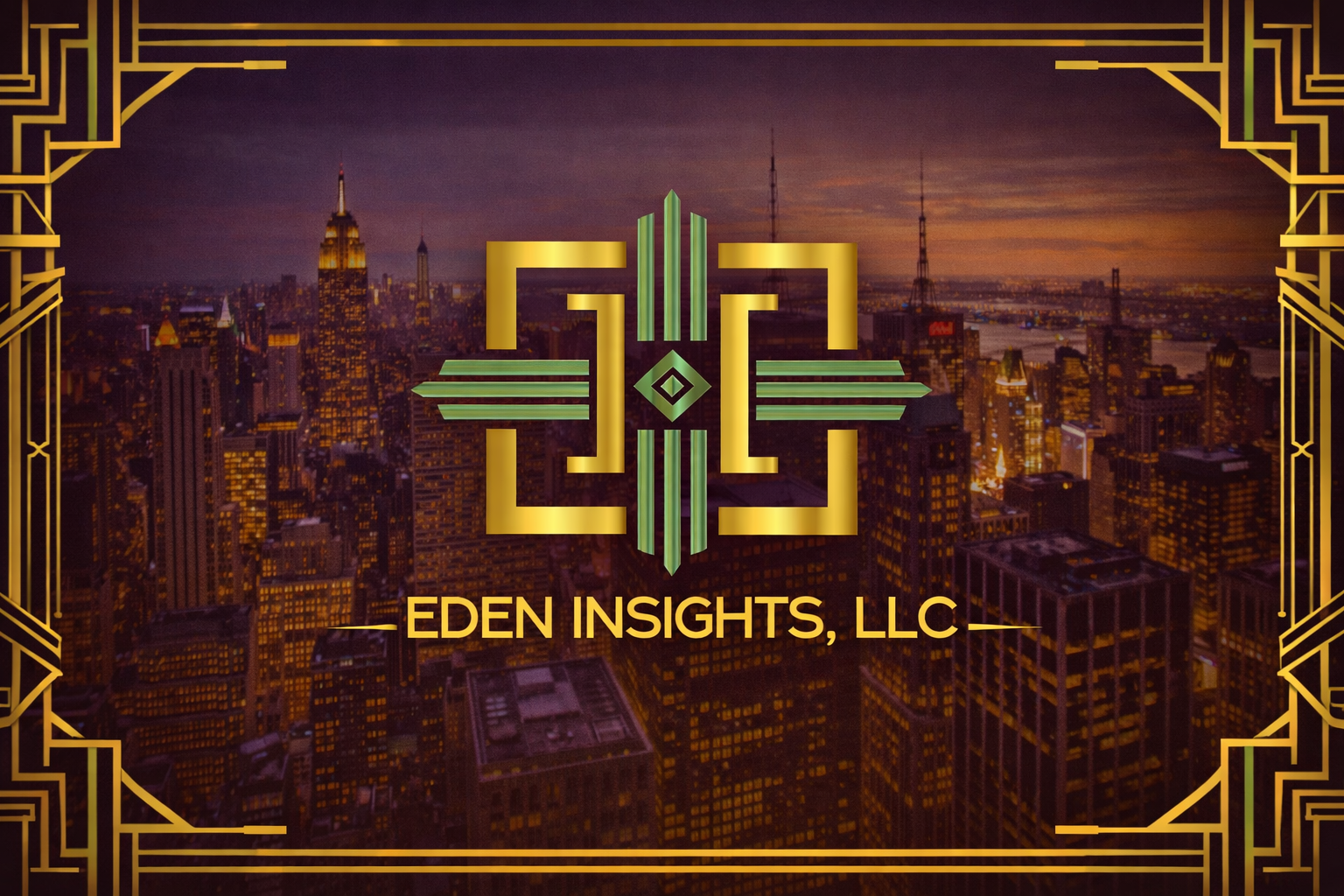 Logo of Eden Insights, LLC over a cityscape at dusk with illuminated buildings and a decorative gold border.