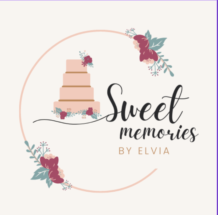 Picture of the business's old logo, a rose gold circle with deep red flowers and a 4 tier pink cake with the text 'Sweet Memories by Elvia' written to the right.
