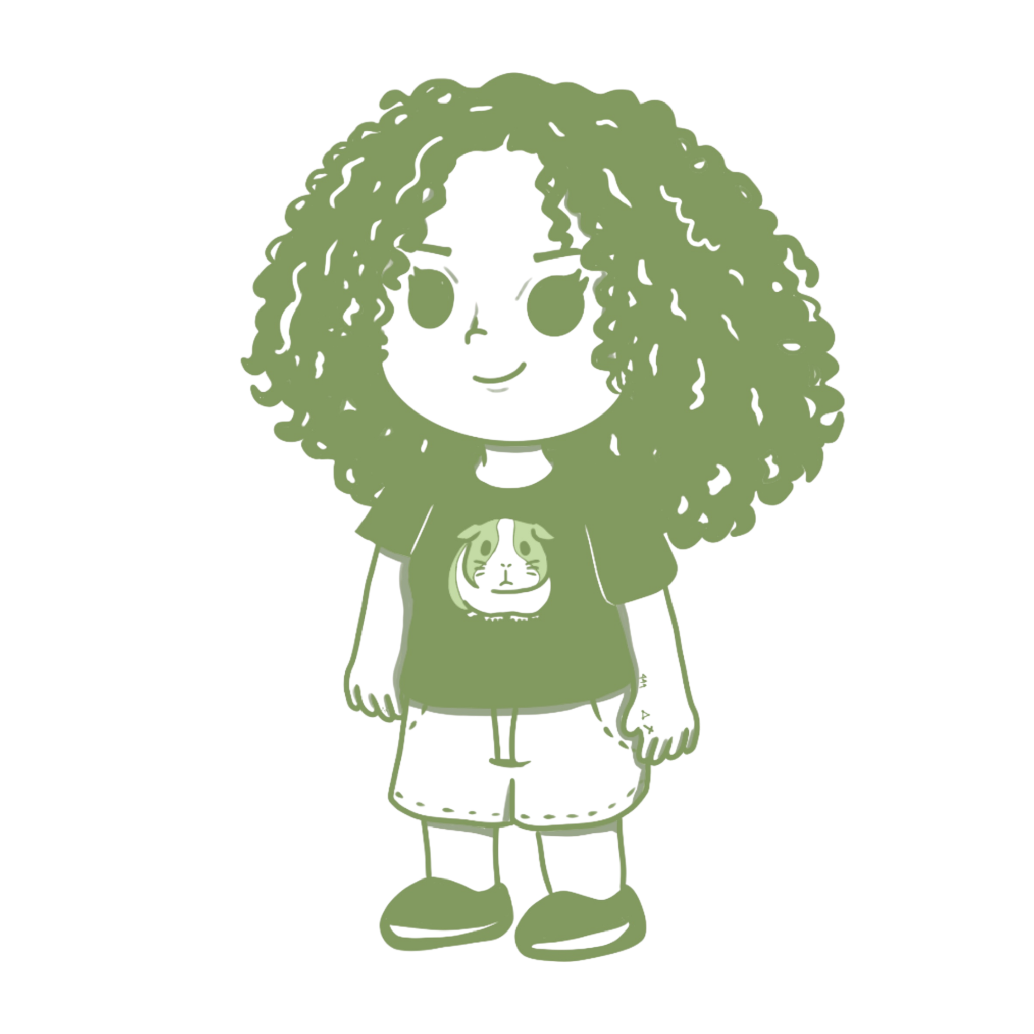 Cartoon girl with large curly hair wearing a t-shirt with guinea pig graphic, shorts, and slippers.