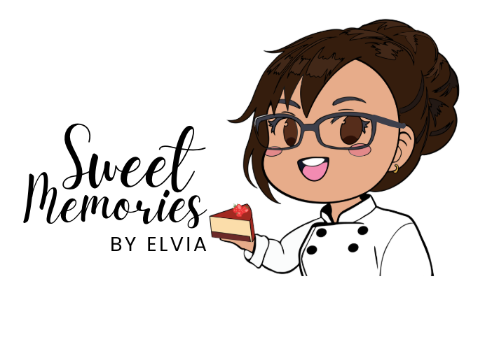 new logo, the text 'Sweet Memories By Elvia' on the left with a character of the owner Elvia in a chef's white coat, her glasses and bun holding a triangular slice of cake in her hand while smiling.