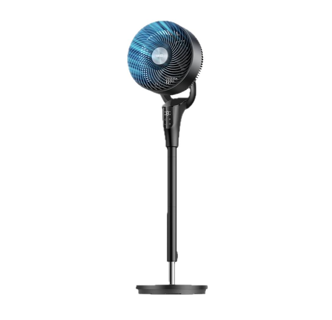 A black and silver bladeless fan with a digital control panel, standing on a round base, against a black and white background.