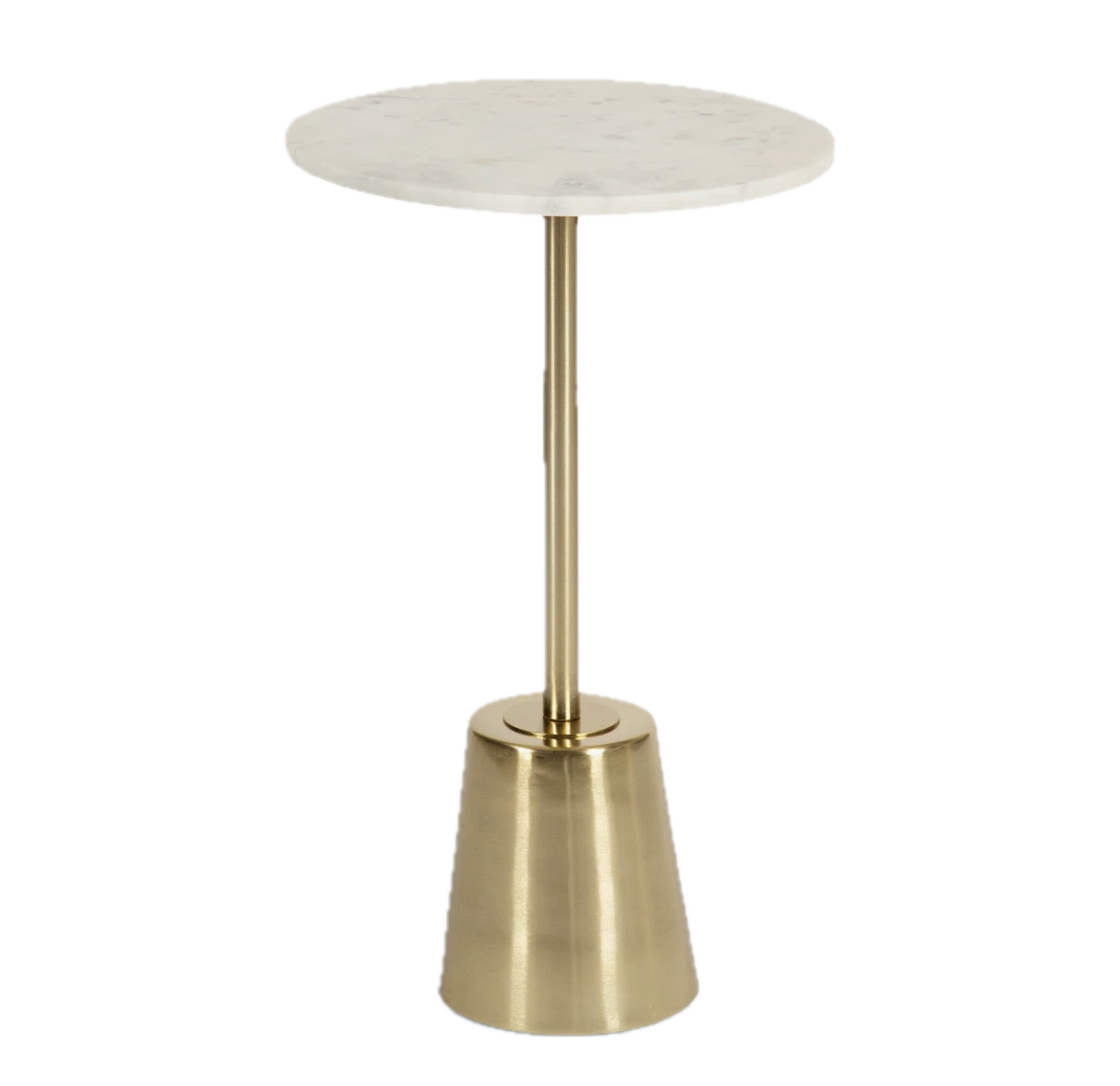 A modern side table with a white marble top, gold cylindrical base, and a gold metal support stem.