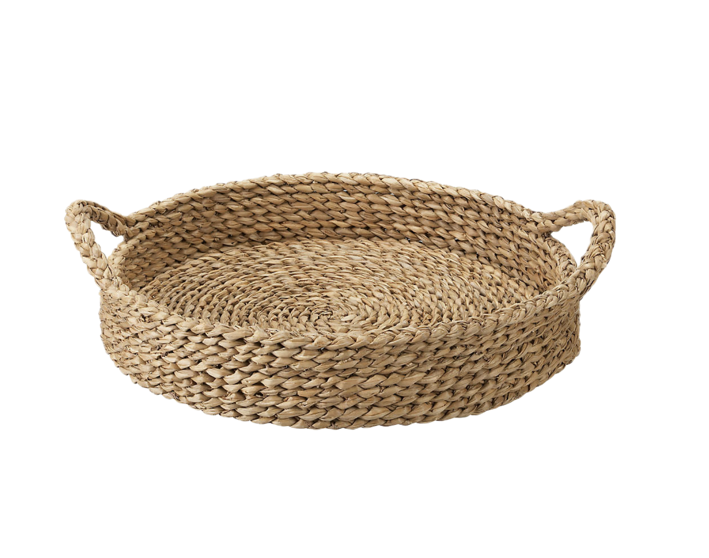 Round woven wicker basket with handling loops on each side.