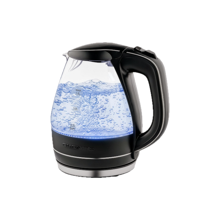 Electric kettle boiling water with bubbles inside.