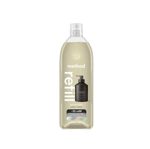 A large transparent plastic bottle of Method brand refill liquid, with a smaller black pump bottle of hand soap and a refill label on the front.