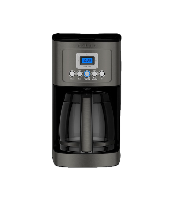 A black and silver Cuisinart coffee maker with a digital display showing 10:20, various control buttons, and a glass coffee pot.