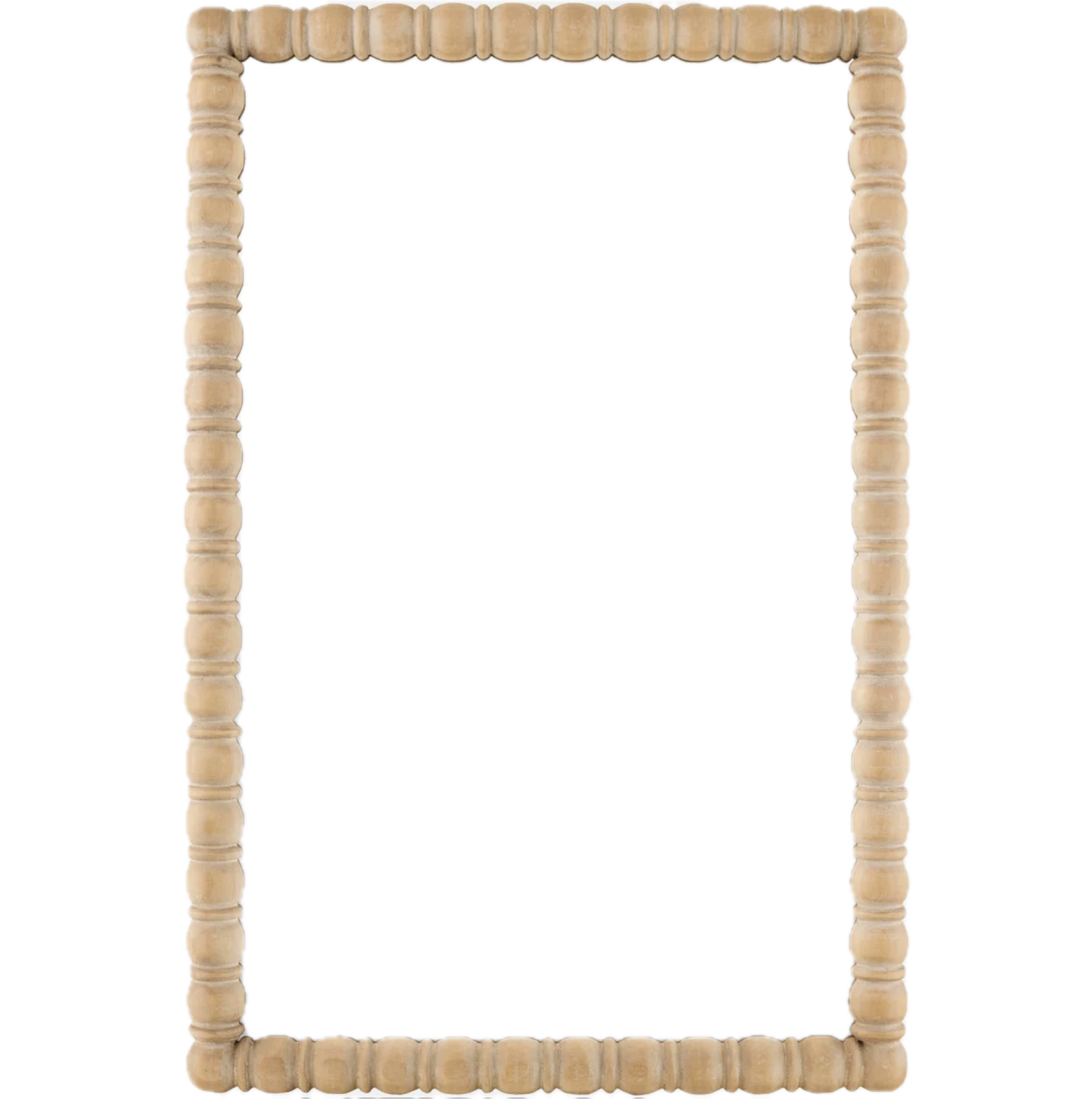 A rectangular mirror with a wooden beaded frame.