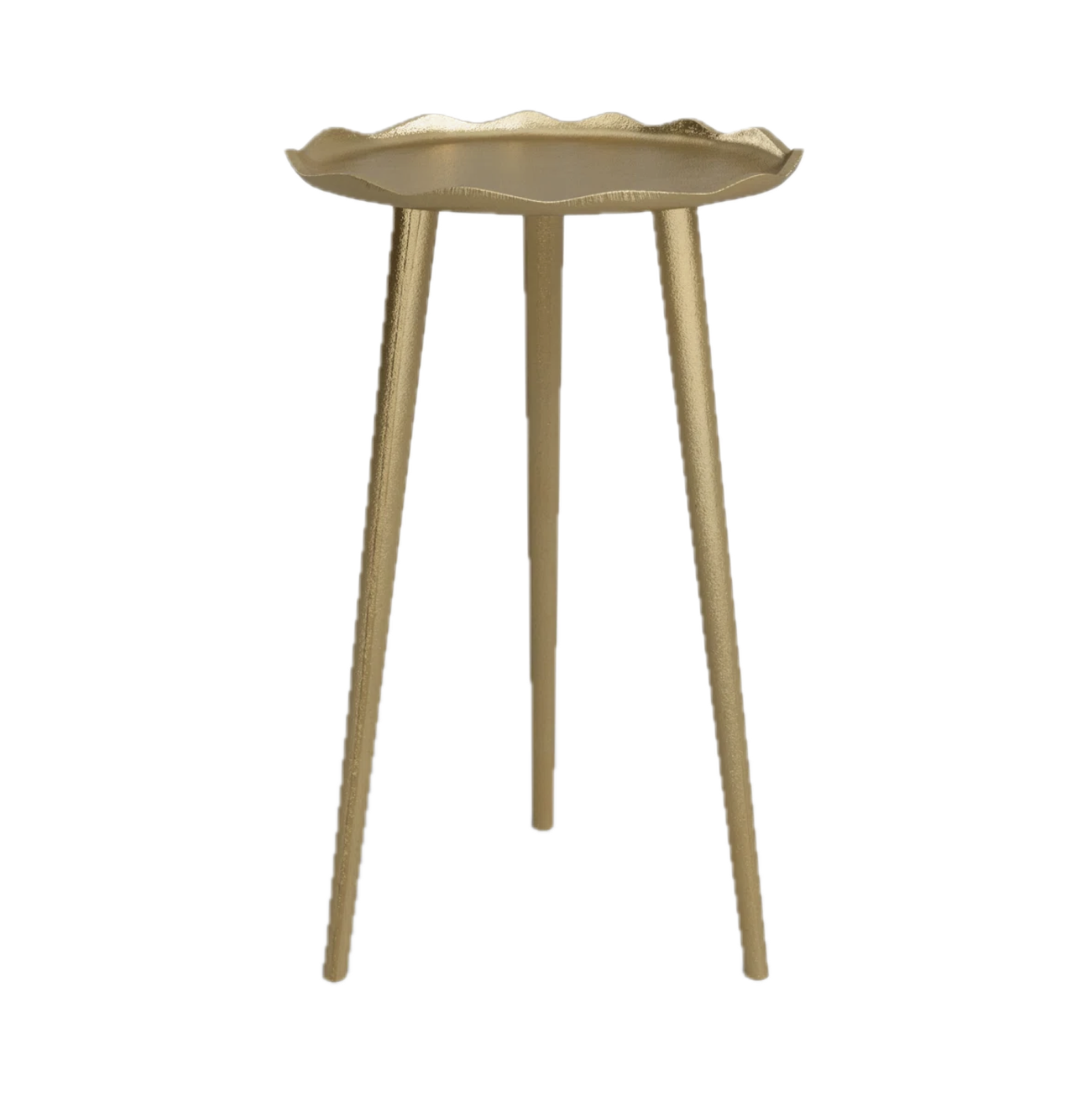 Gold-colored plant stand with three legs and a scalloped edge round top.