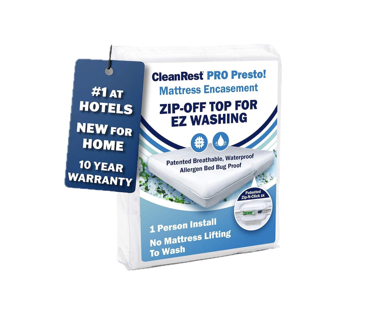 Packaging for CleanRest Pro Presto mattress encasement, featuring a blue and white design with a mattress image, icons for breathability and waterproof qualities, and text highlighting benefits such as easy zip-off top for washing, waterproof, allergen bed bug proof, and a 10-year warranty, with an additional label stating it is the number one hotel brand, now available for homes, and can be installed by one person without removing the mattress.