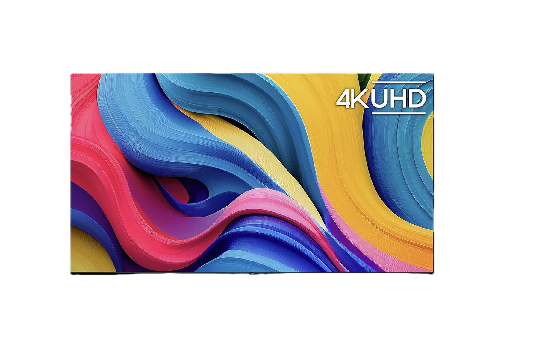 A colorful 4K UHD television screen displaying an abstract design with swirling blue, yellow, pink, and purple patterns.