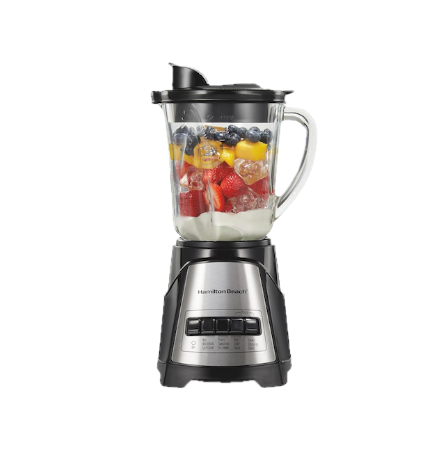 Hamilton Beach blender filled with ice, strawberries, blueberries, and mango, with a white liquid base.