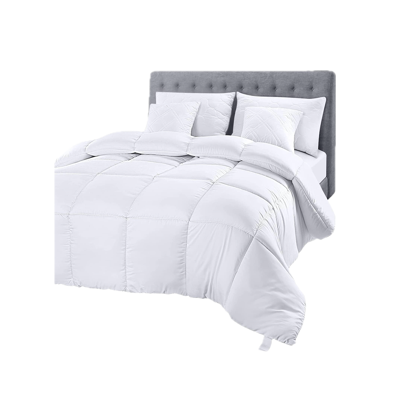 A neatly made bed with white bedding, pillows, and a gray tufted headboard.