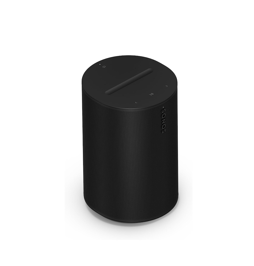 Black cylindrical Sonos speaker with control buttons on top, isolated on white background.