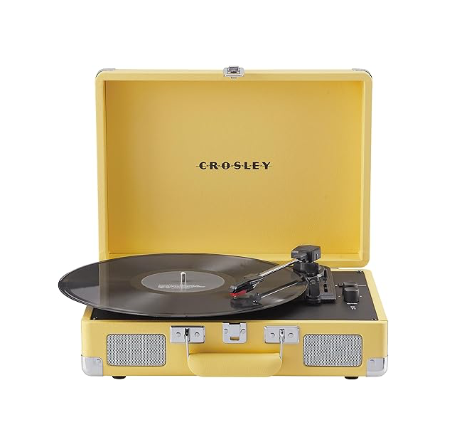Yellow Crosley portable record player with a black vinyl record spinning on it.