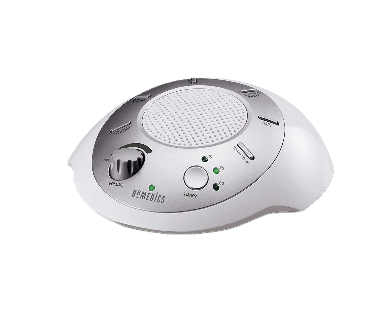 Electronic sound machine with controls labeled for ocean, thunder, summer night, rain, white noise, and a volume knob, with indicator lights for 15, 30, and 60-minute timers.